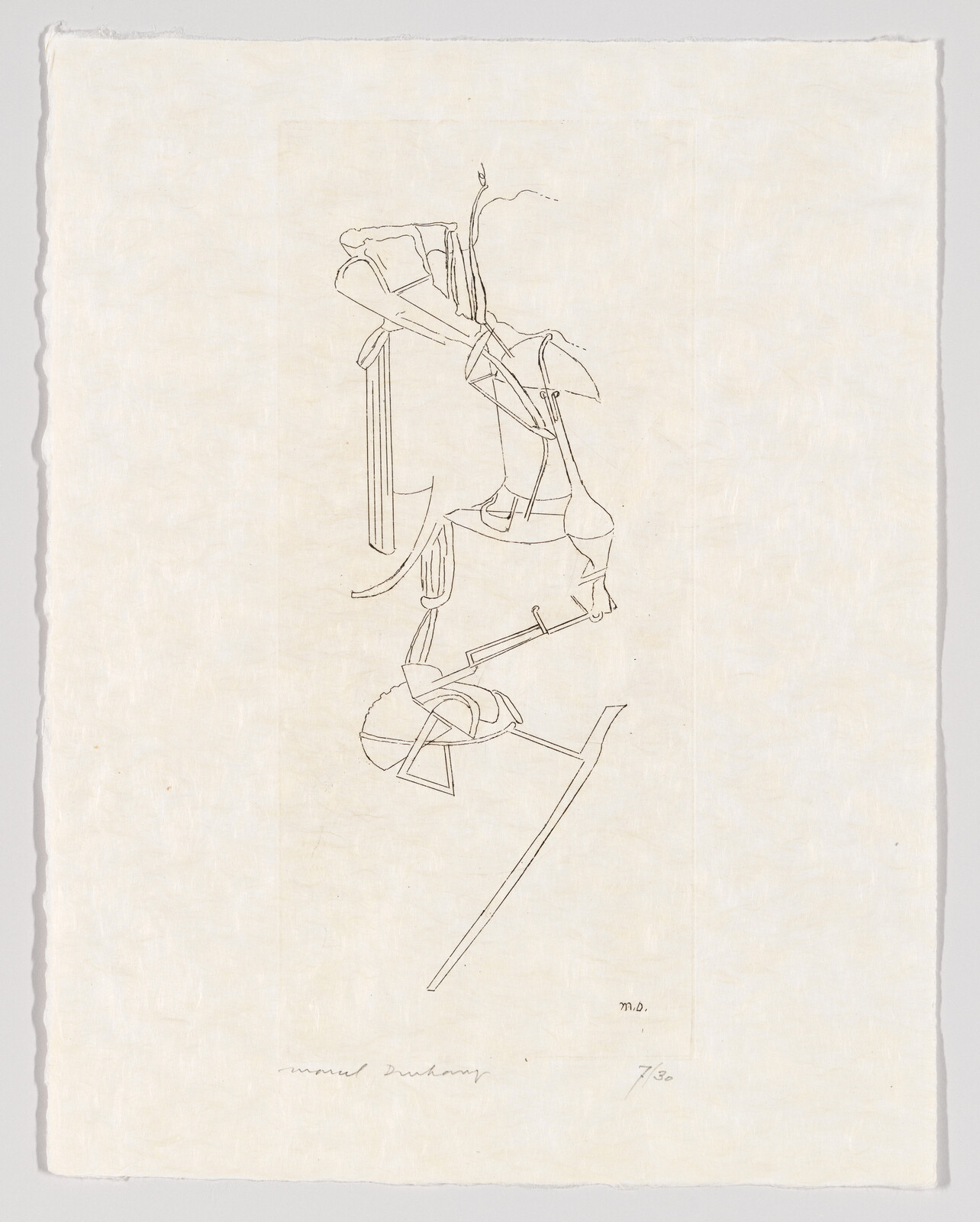 Delicate single-line drawing of abstract mechanical figures arranged vertically on textured off-white paper.