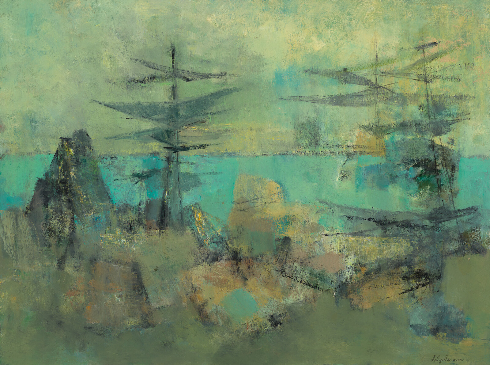 Two abstract sailing ships with tall masts near a rocky shoreline in muted green and teal tones.