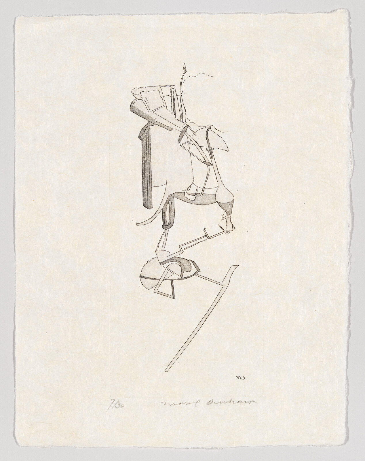 Delicate pencil drawing of abstract mechanical shapes stacked vertically on textured paper.