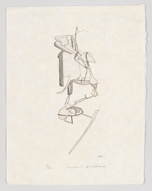 Delicate pencil drawing of abstract mechanical shapes stacked vertically on textured paper.