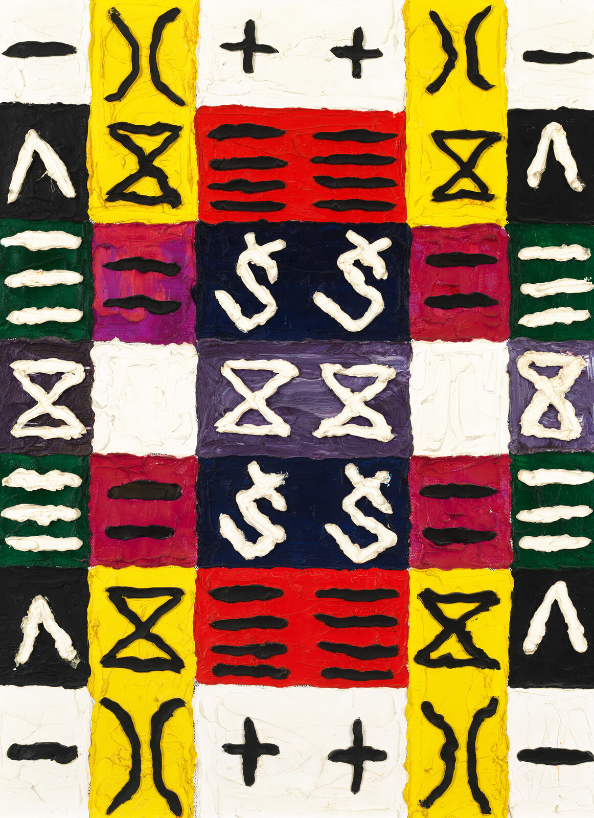 Colorful painted grid shows repeating symbols like dollar signs, hourglasses, and plus signs.