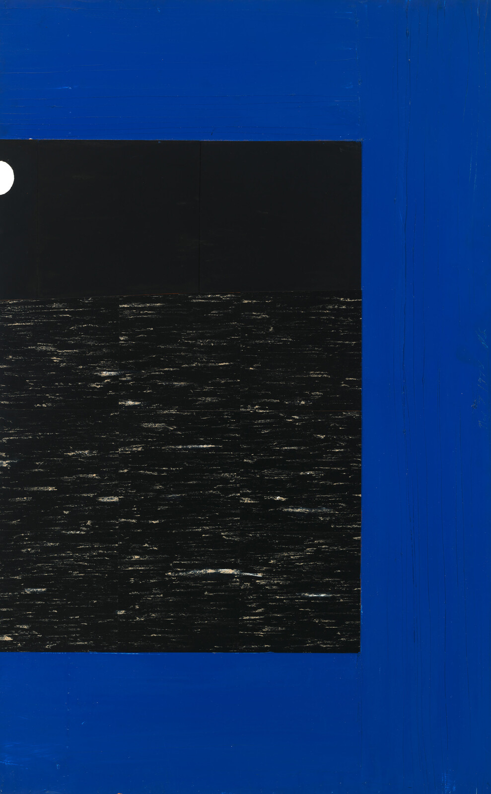 A textured black rectangle is framed by a thick bright blue border with a small white circle.