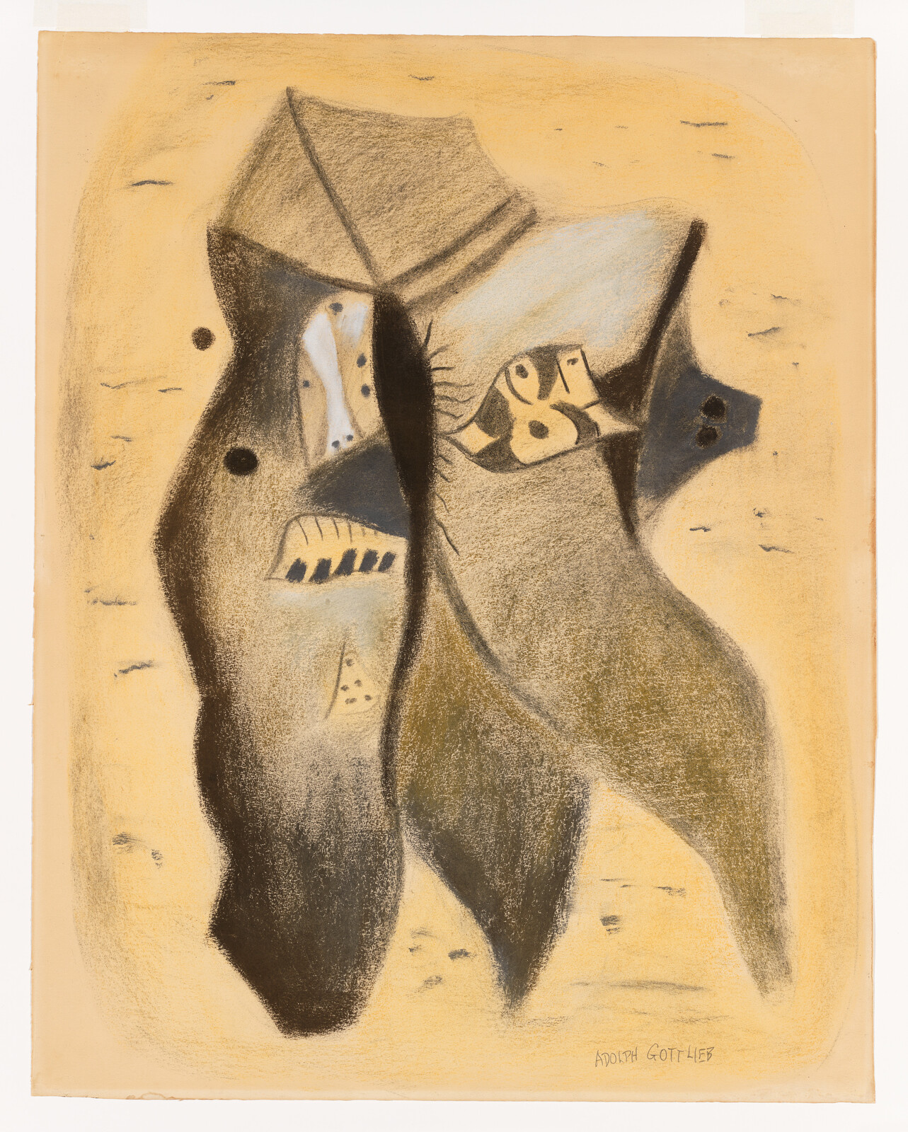 Abstract curving dark shapes with small patterned faces and a muted yellow background.