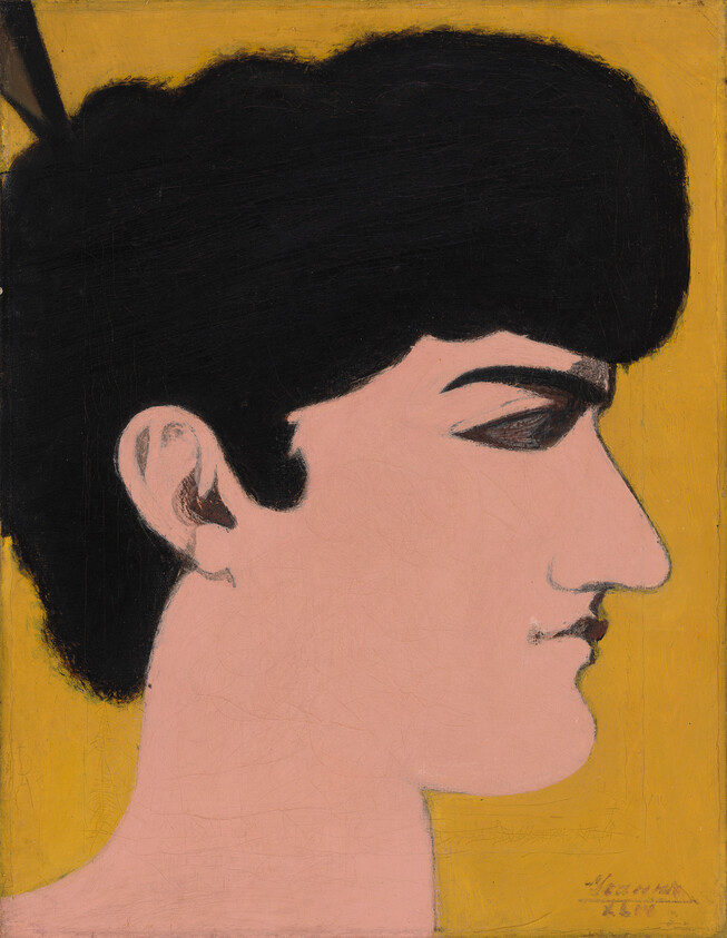 Profile portrait of a person with prominent black hair and a stylized facial outline against a yellow and pink background, signed and dated at the bottom right.