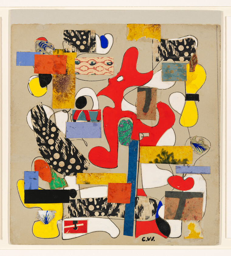 Colorful abstract collage with a large red organic shape surrounded by patterned and rectangular cutouts.