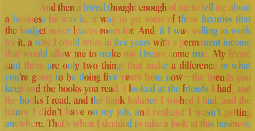 Multicolored text paragraph on yellow background discussing advice from a friend about business and books.