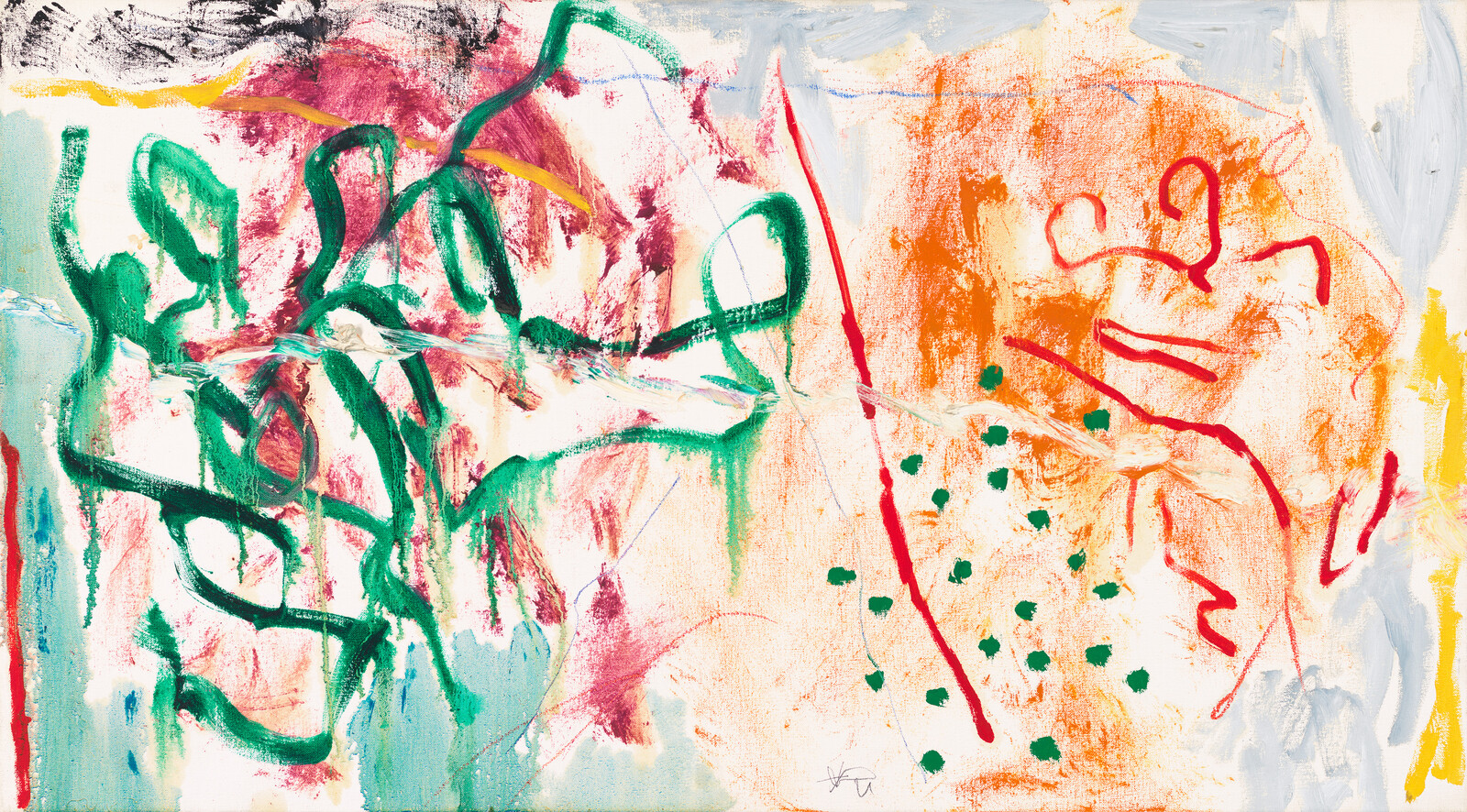 Broad smudges of color, thick lines portruding into organic directions, and spackles of dots are seen aganist a background of cool colors&nbsp;