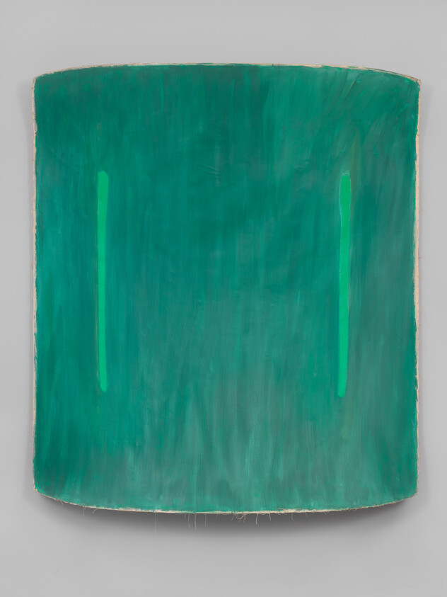 Curved rectangular green painting with two thin vertical lighter-green strokes and rough exposed edges.