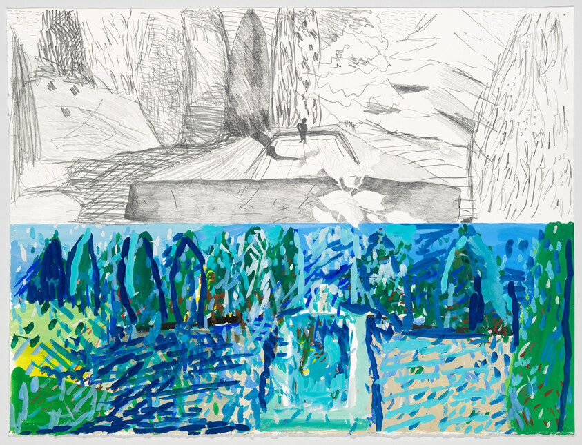 Top pencil sketch shows a person standing on a bridge above water, and lower painting shows a bright fountain.