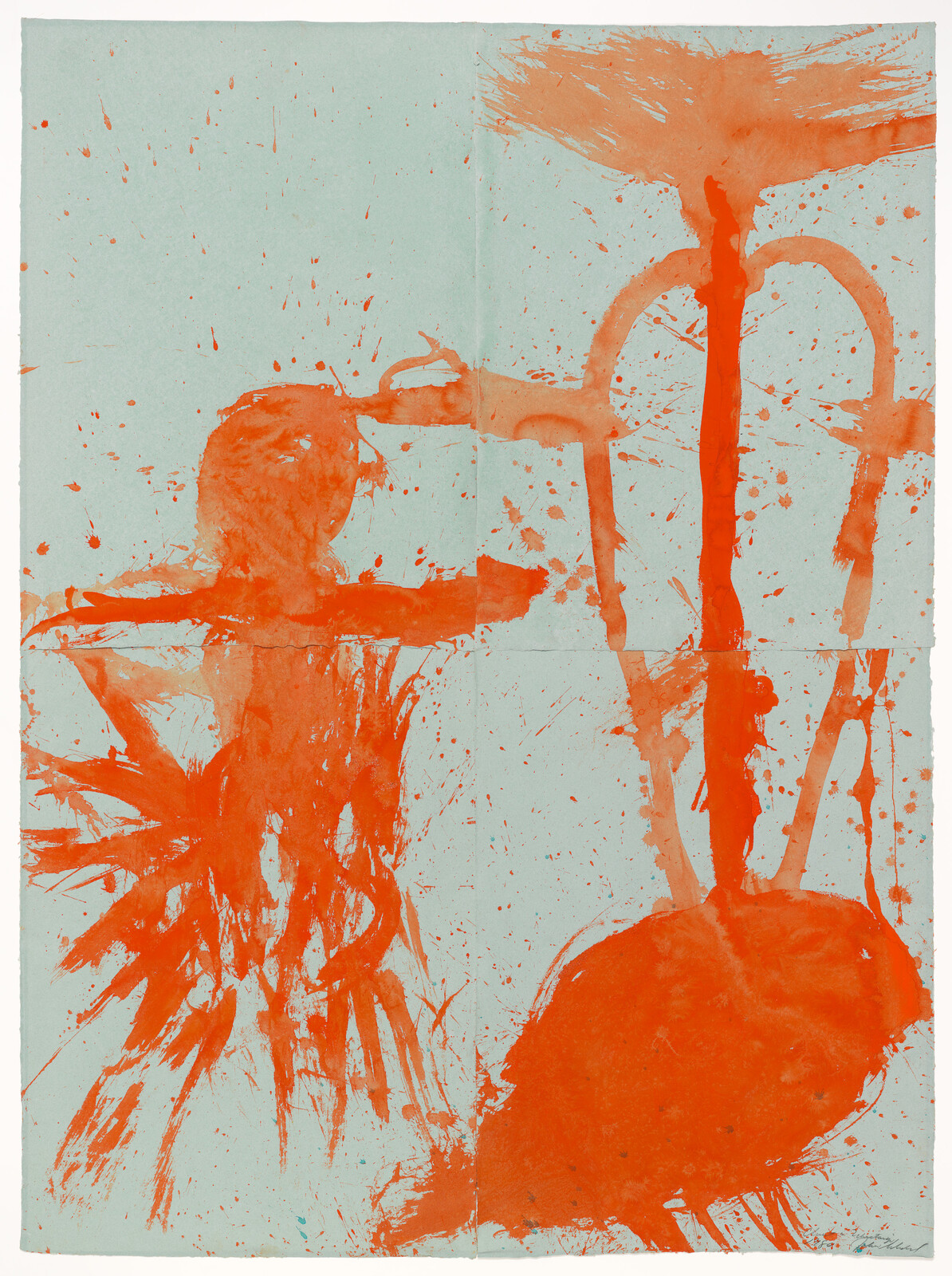 Bold orange paint splashes form two abstract figures and vertical shapes on pale blue paper.