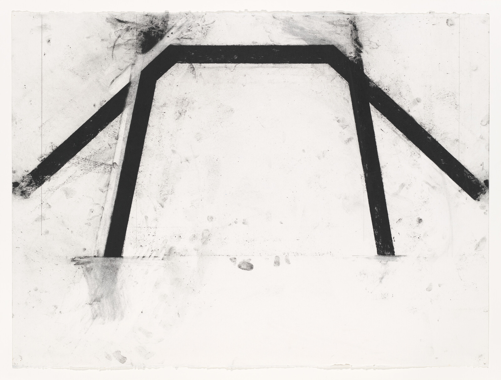 Thick black angular arch with two diagonal arms drawn on a smudged white background.