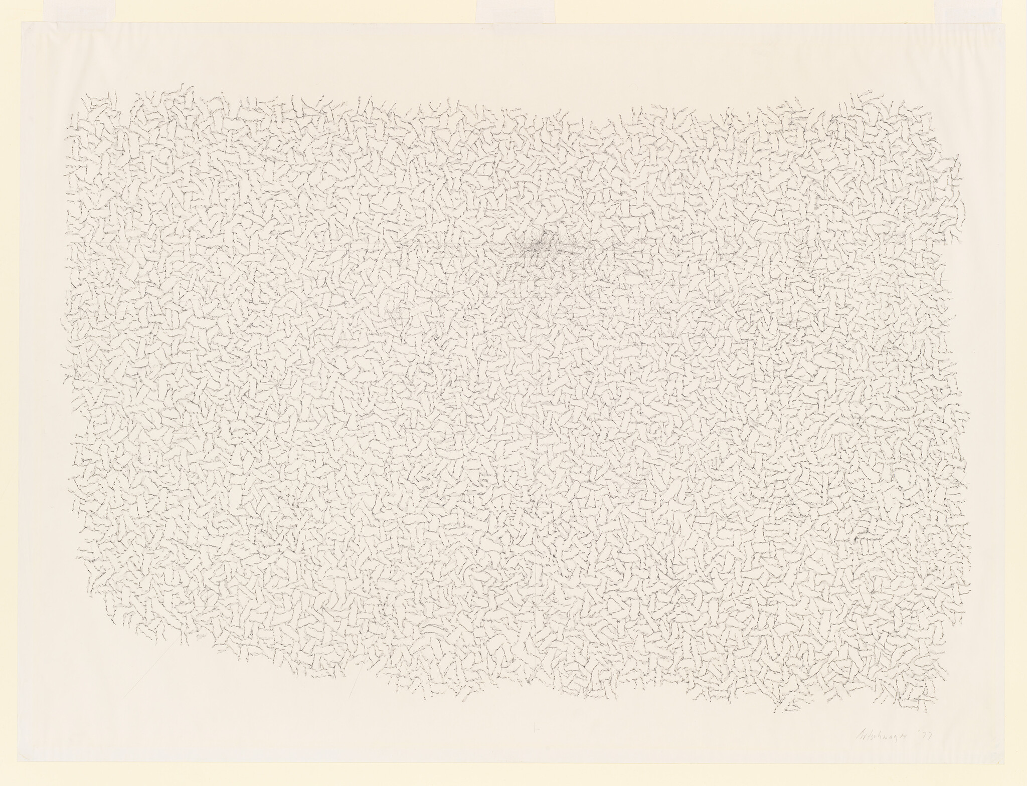 Large cream paper filled with hundreds of small irregular pencil marks forming a dense textured field.