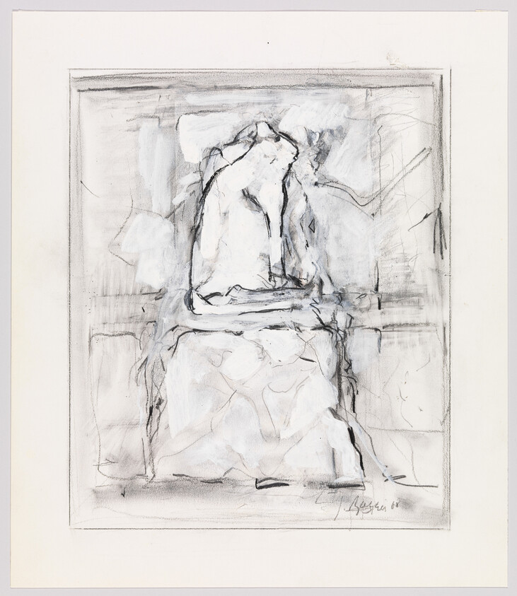 A rough charcoal sketch shows a draped cloth covering a stacked block or seated form.
