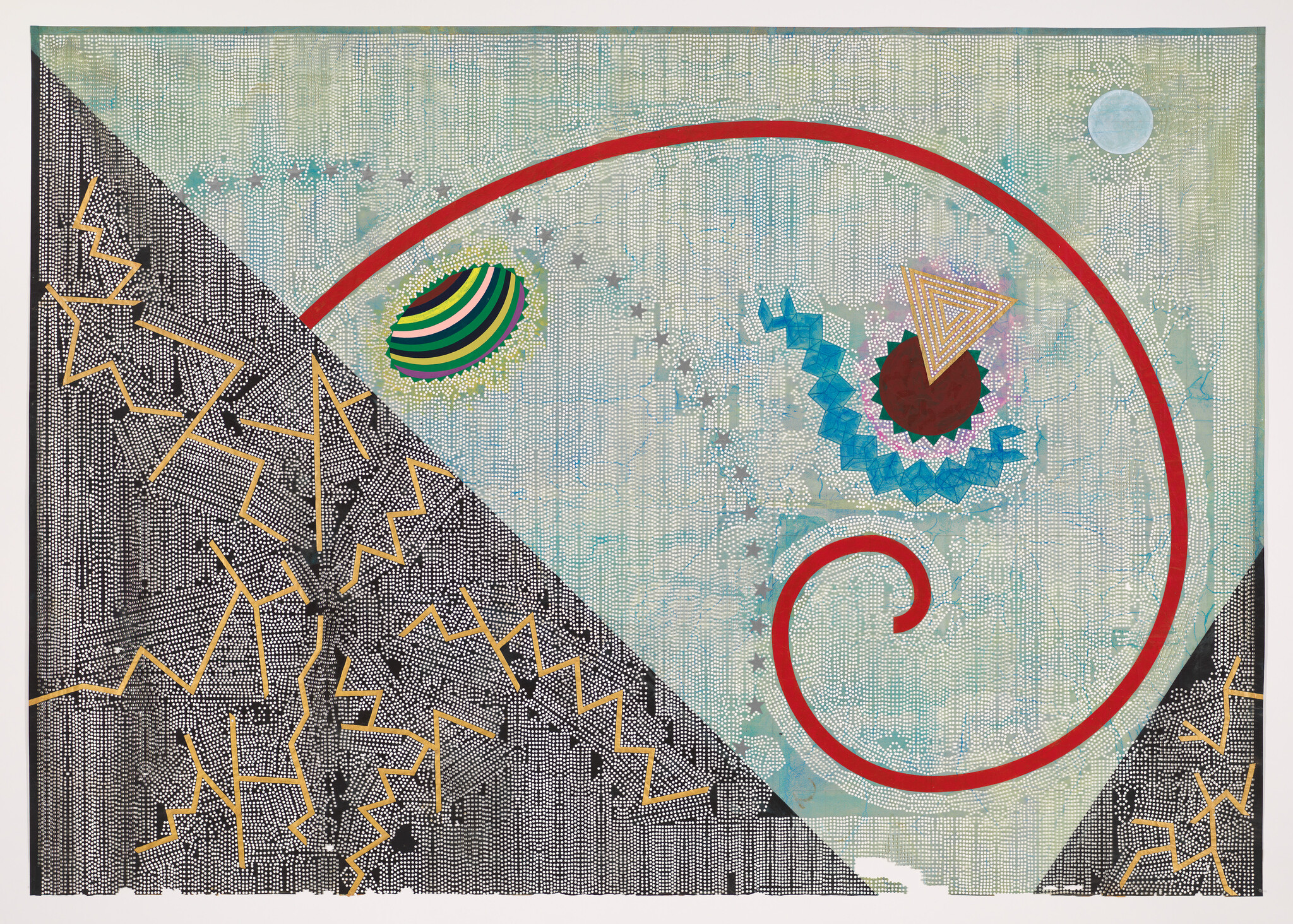 A large red spiral and colorful geometric shapes swirl above a textured black triangular area.