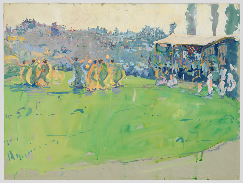 A group of women in green dresses dance on a lawn while spectators watch under a canopy.