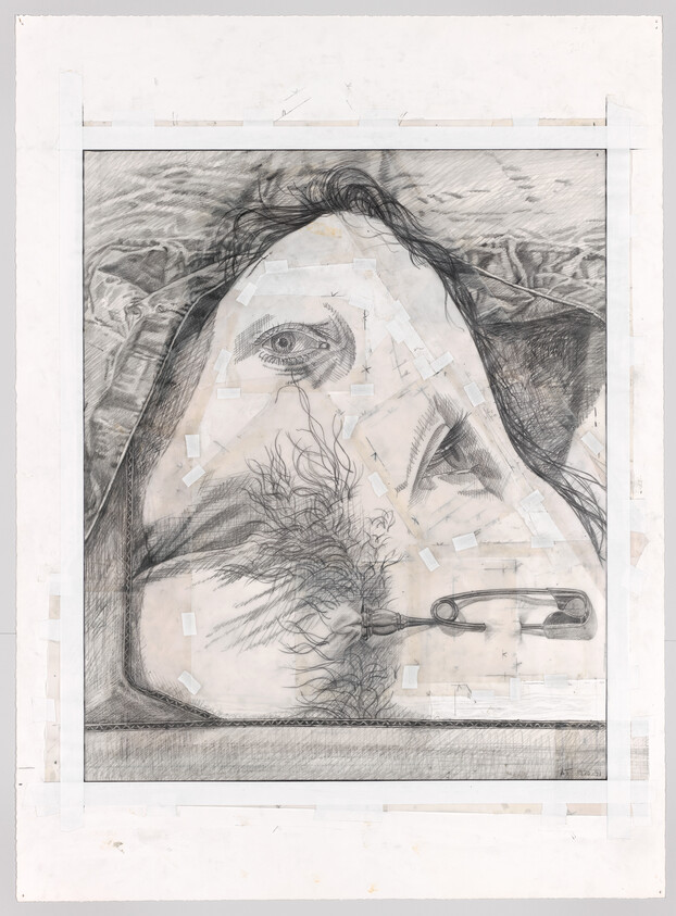 Large graphite drawing of a reclining face-like figure with detailed eye and safety pin through hair.