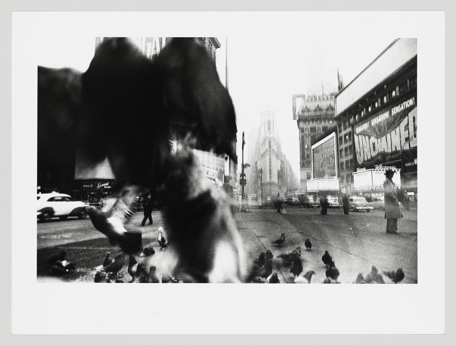 A blurred pigeon wing dominates the foreground while a flock feeds on a busy city street.