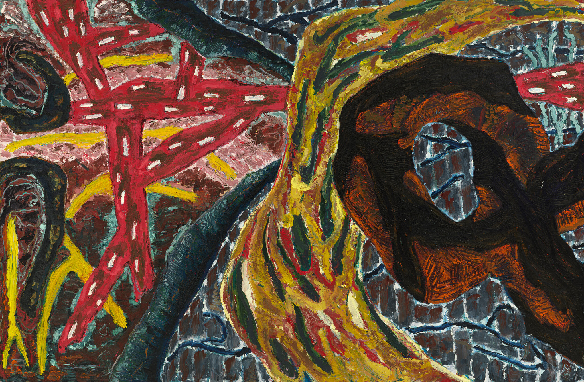 A colorful abstract painting shows red branching forms, a yellow flowing ribbon, and dark chamber with blue stones.