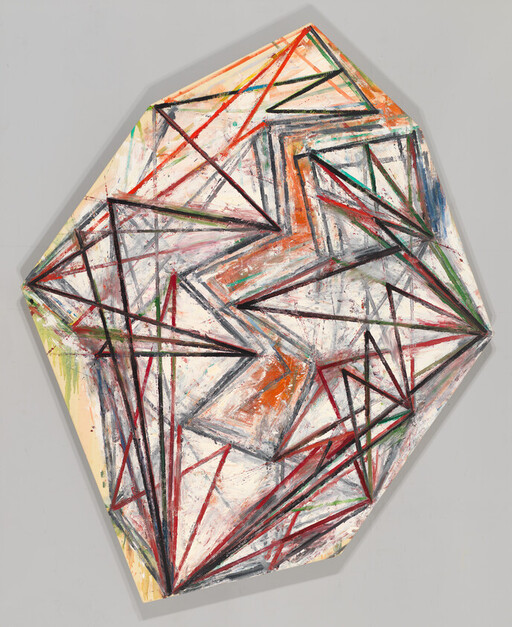 Angled polygon painting with intersecting red, black, and green triangular lines and rough brushstrokes.