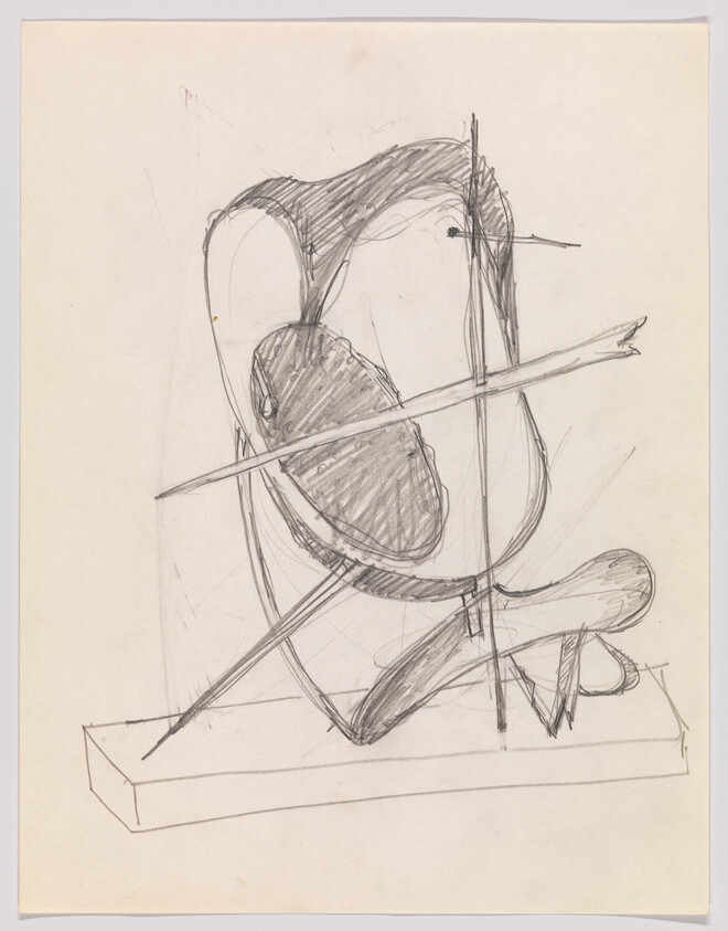 Pencil sketch of an abstract sculpture with curved forms and intersecting rods on a base.