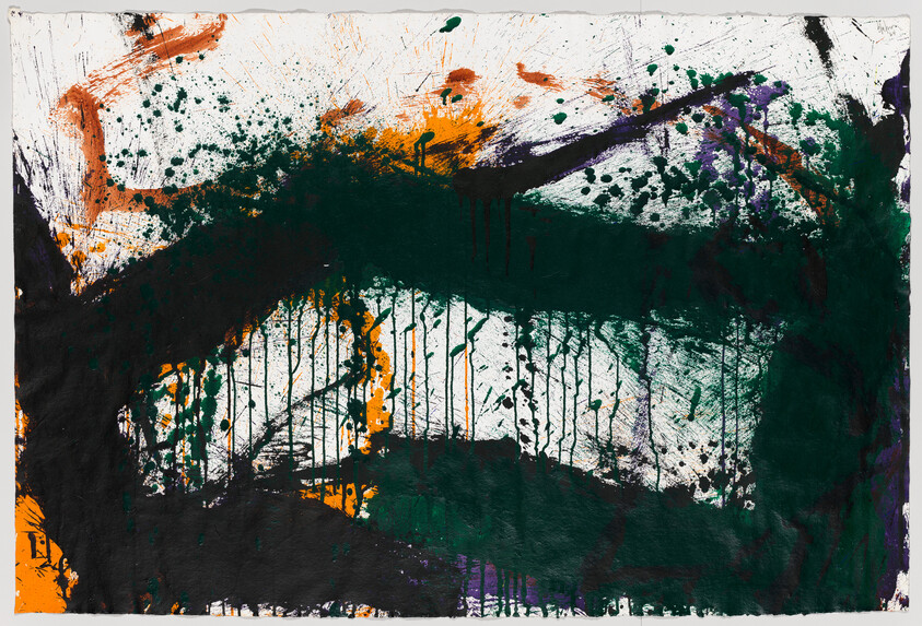 Dark green and black sweeping brushstrokes with orange and purple splatters and drips on white background.