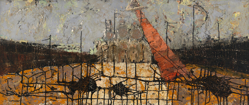 A textured abstract landscape with a red diagonal shape crossing a cracked grid pattern.