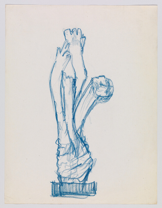 Two intertwined arms reaching upward sketched in blue crayon on a plain background.