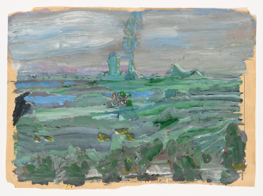 A loose green-painted landscape with rolling fields, a distant tower-like shape, and a gray cloudy sky.