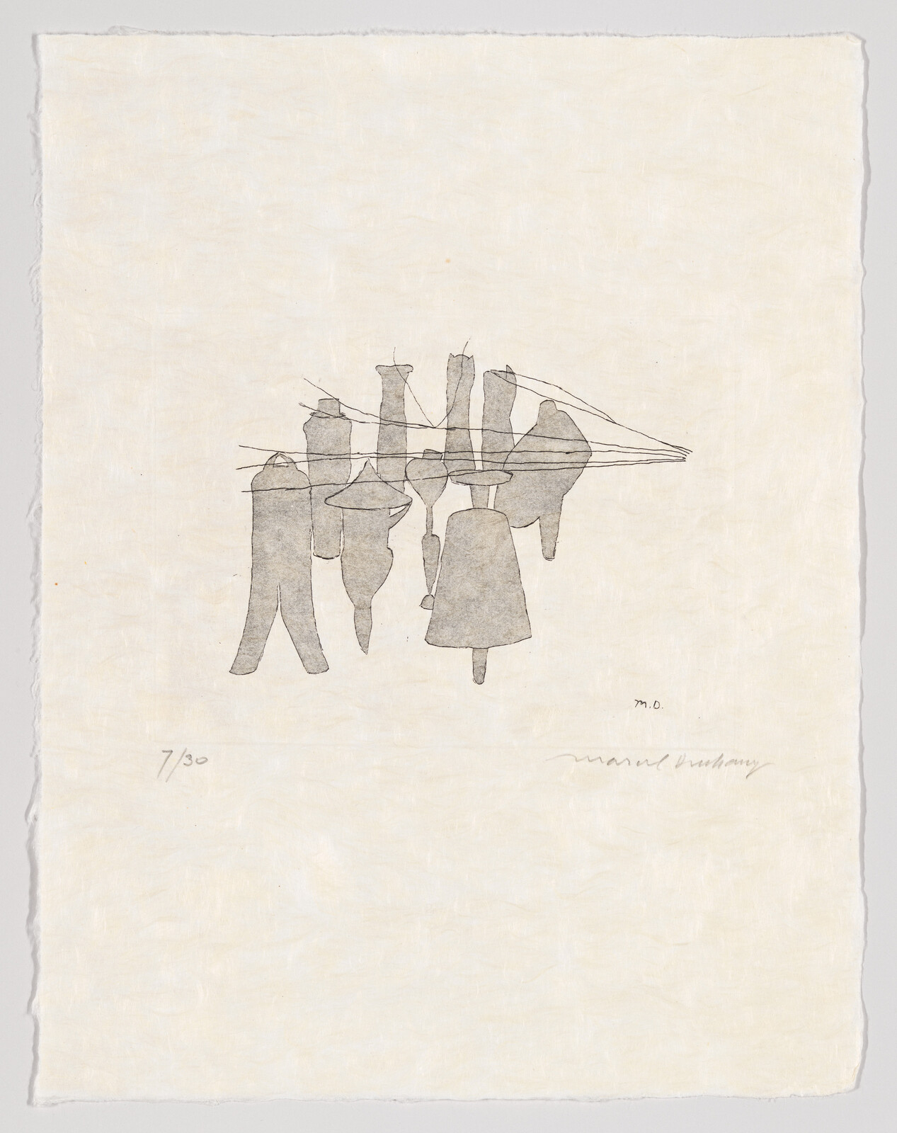 Simple line drawing of abstract clothes and shapes hanging from a clothesline.