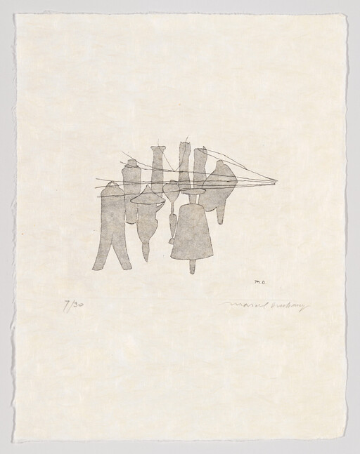 Simple line drawing of abstract clothes and shapes hanging from a clothesline.