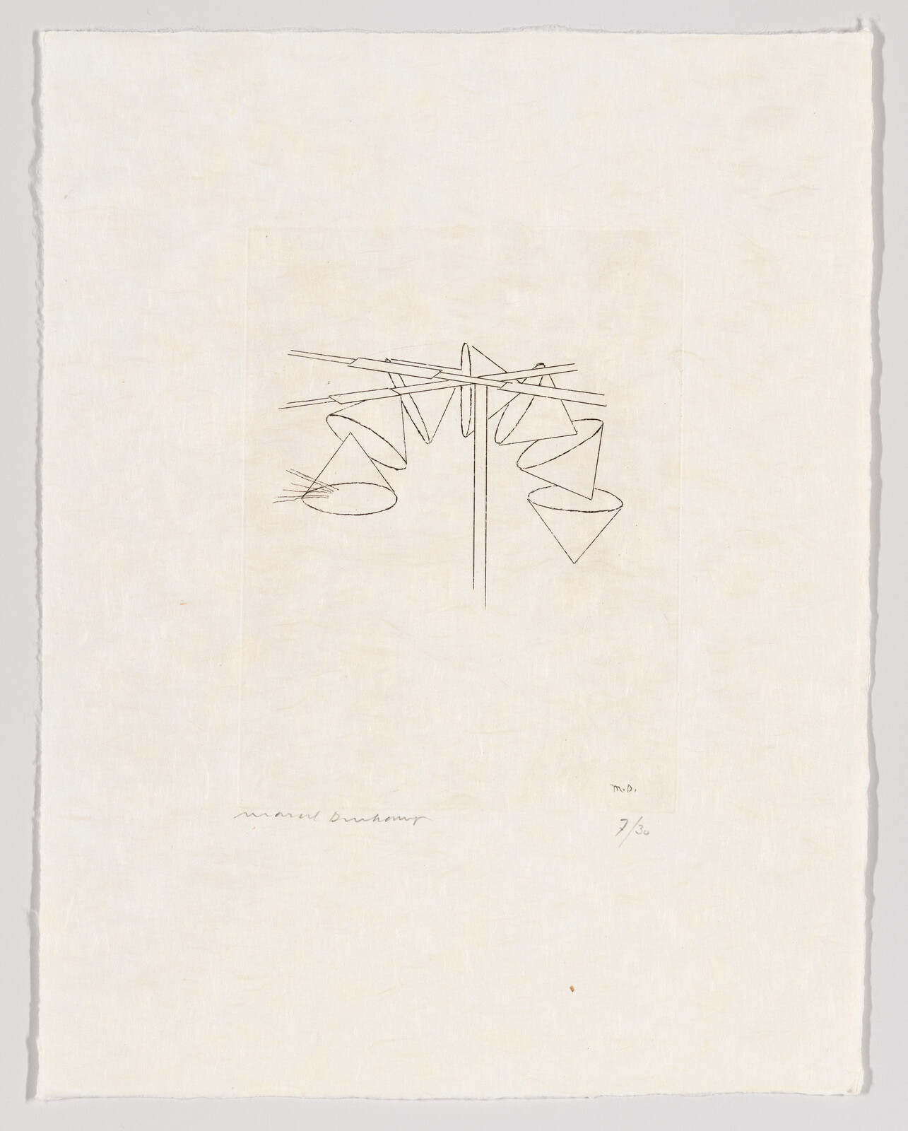 A simple line drawing of a hanging mobile with cone and bowl shapes suspended from a pole.