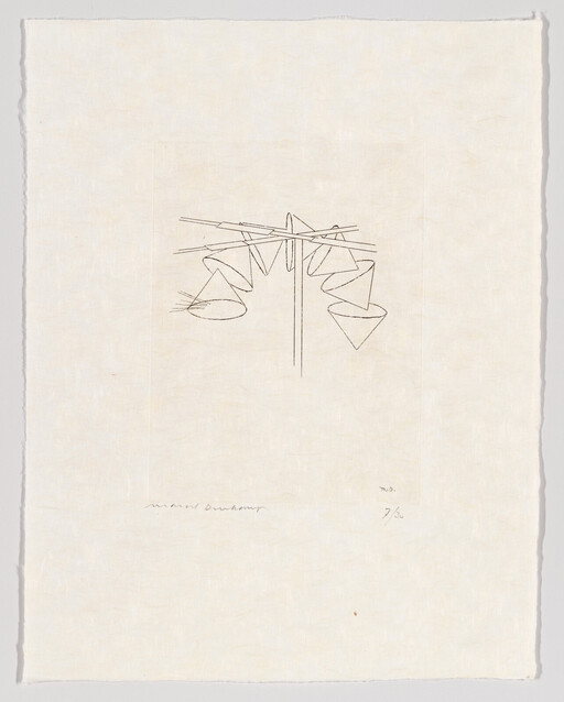 A simple line drawing of a hanging mobile with cone and bowl shapes suspended from a pole.