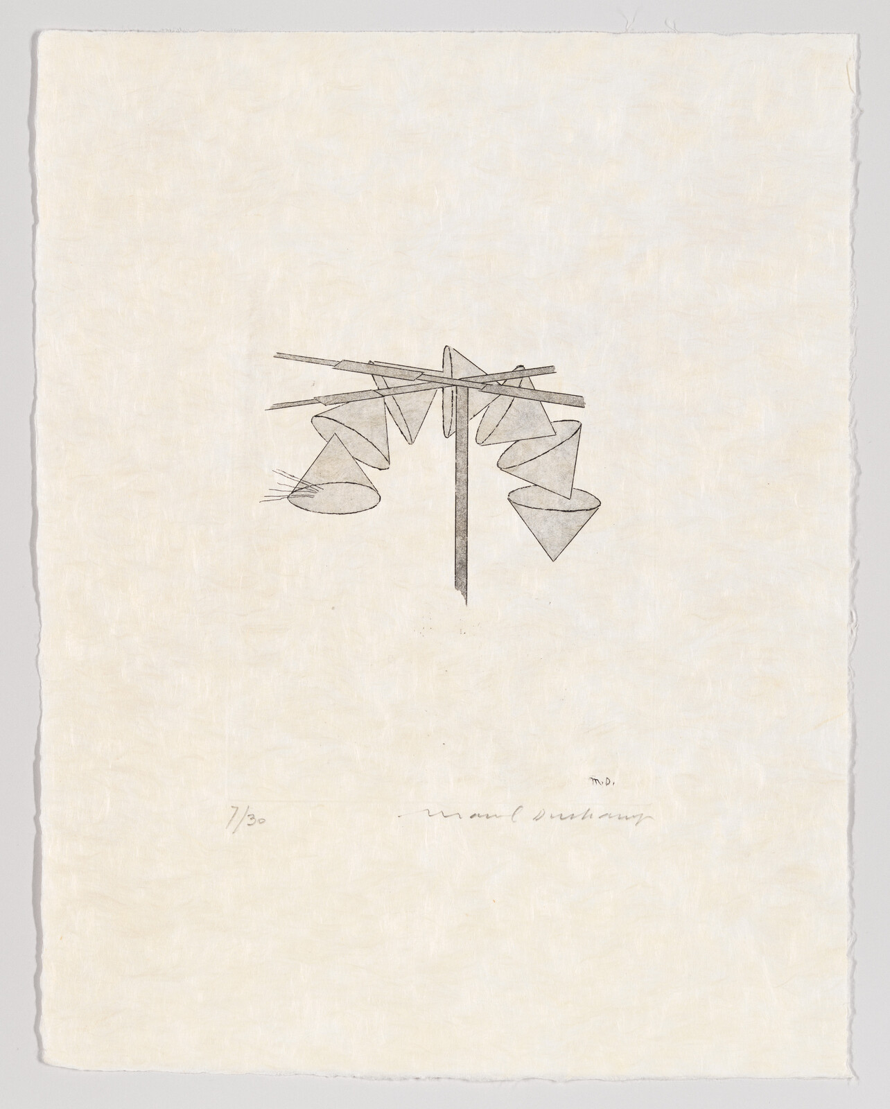 A simple line drawing of a wooden post with crossbeams holding cone-shaped funnels.