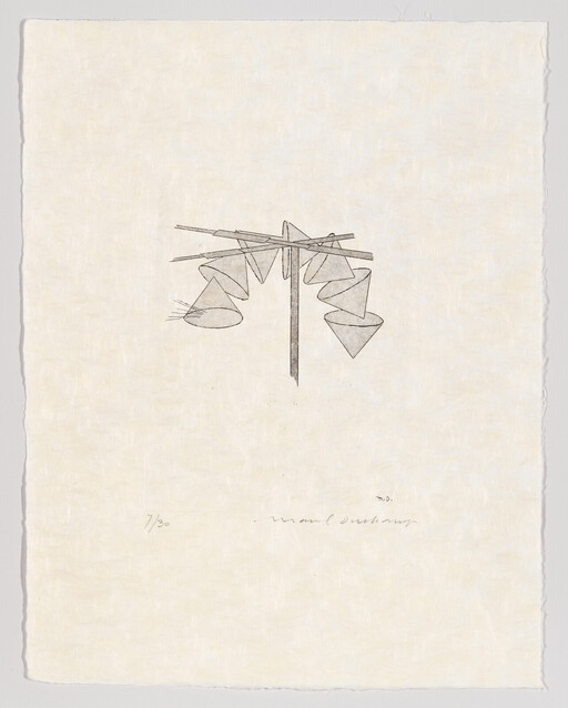 A simple line drawing of a wooden post with crossbeams holding cone-shaped funnels.