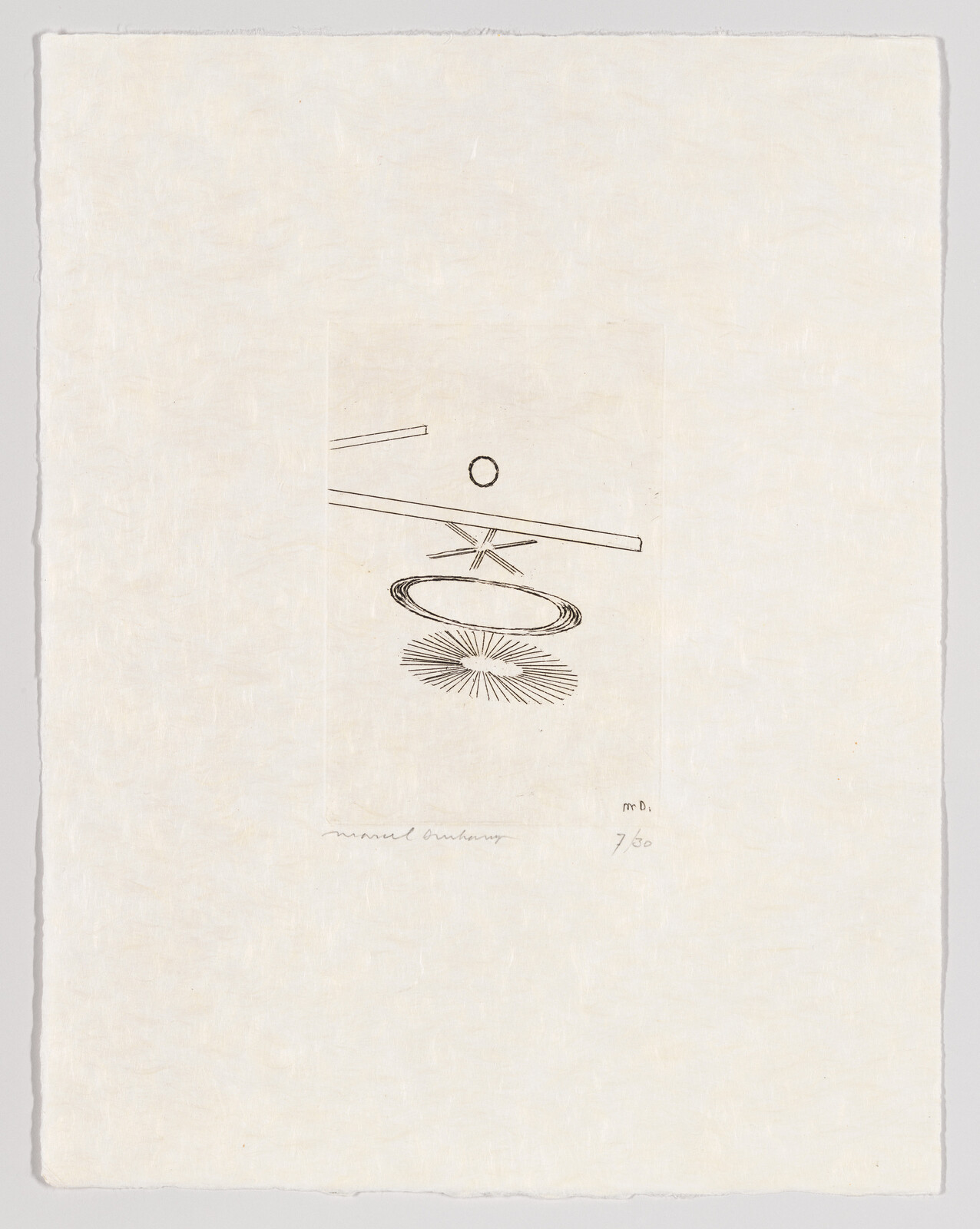 Minimal abstract ink drawing showing a circle, diagonal lines, concentric oval, and radiating starburst on paper.