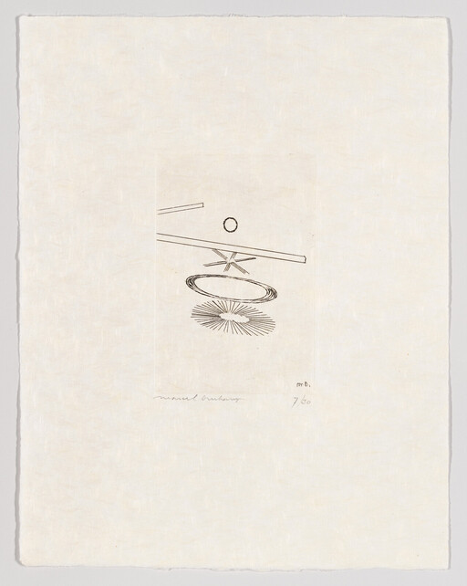 Minimal abstract ink drawing showing a circle, diagonal lines, concentric oval, and radiating starburst on paper.