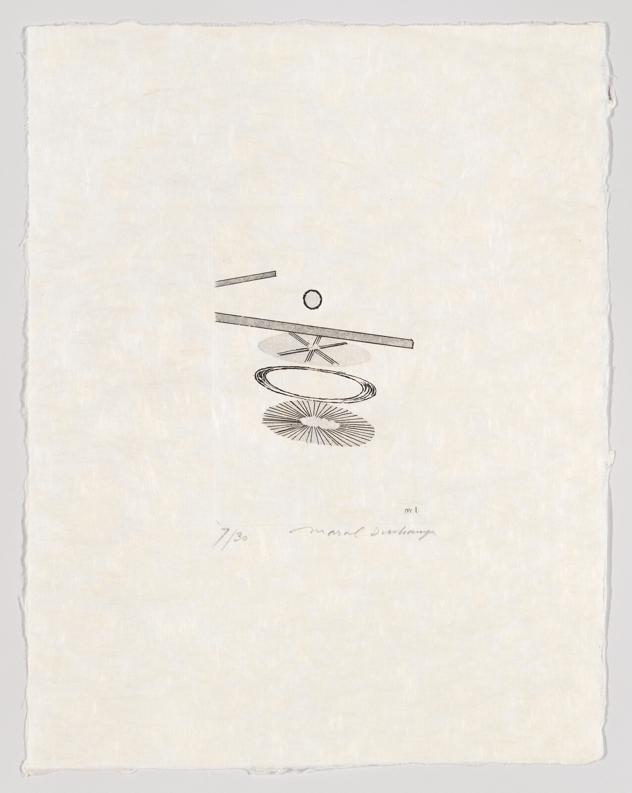 Abstract arrangement of floating lines, circles, and concentric rings on textured paper.