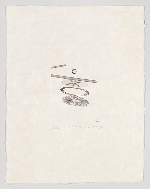 Abstract arrangement of floating lines, circles, and concentric rings on textured paper.