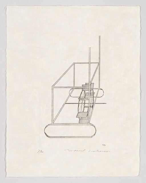 Delicate line drawing of a small tracked machine with a paddle wheel and vertical poles.