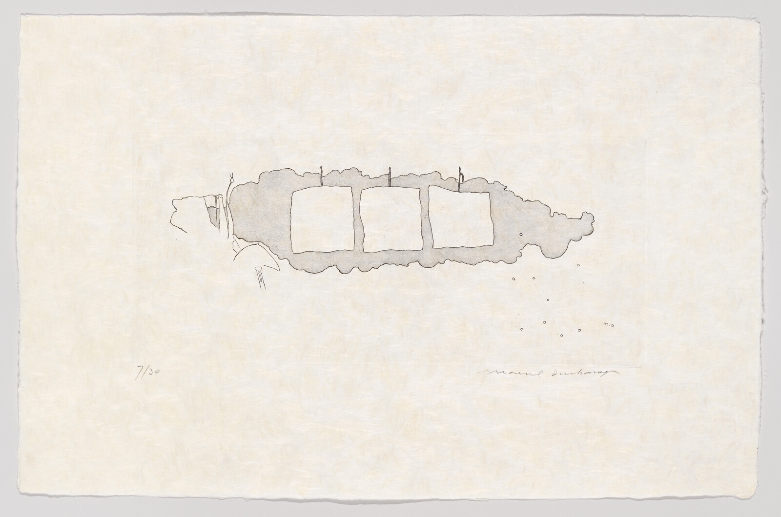 Three square panels pinned inside an irregular ink wash on cream paper.