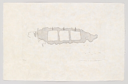 Three square panels pinned inside an irregular ink wash on cream paper.