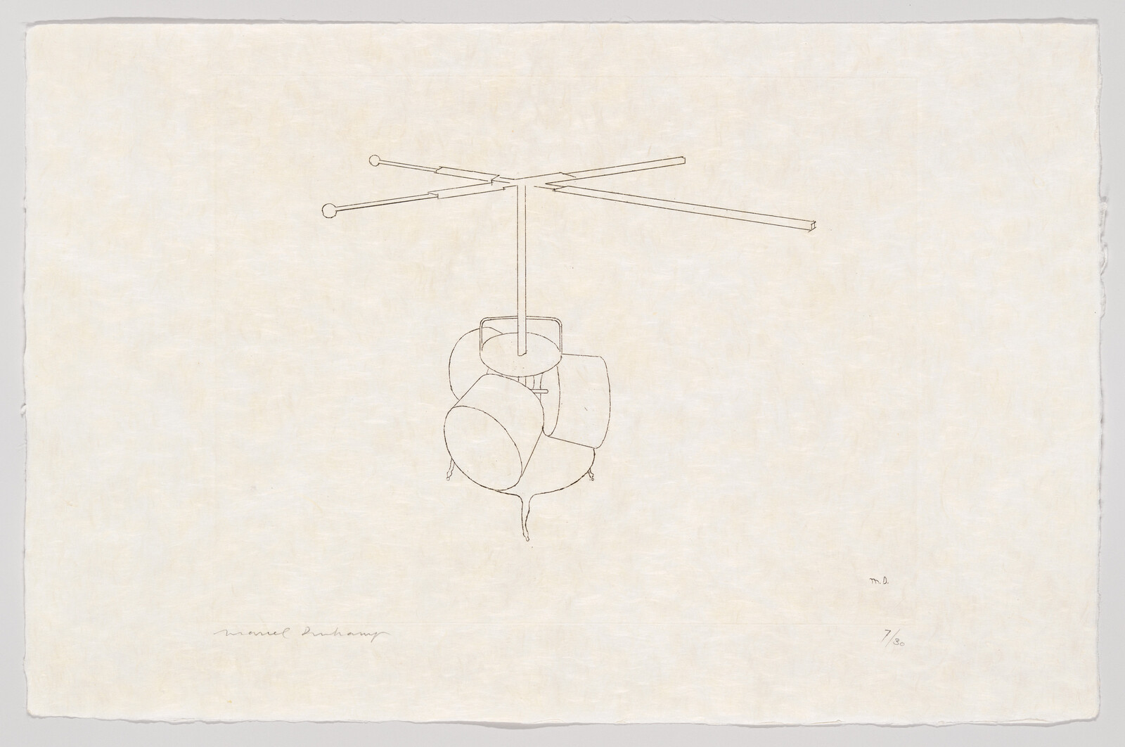 A simple line drawing of a hanging mobile with three rod arms and rounded forms.