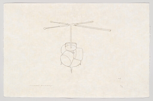 A simple line drawing of a hanging mobile with three rod arms and rounded forms.