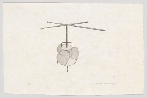 A hanging metal mobile with a central rod and four crossed arms above curved geometric shapes.