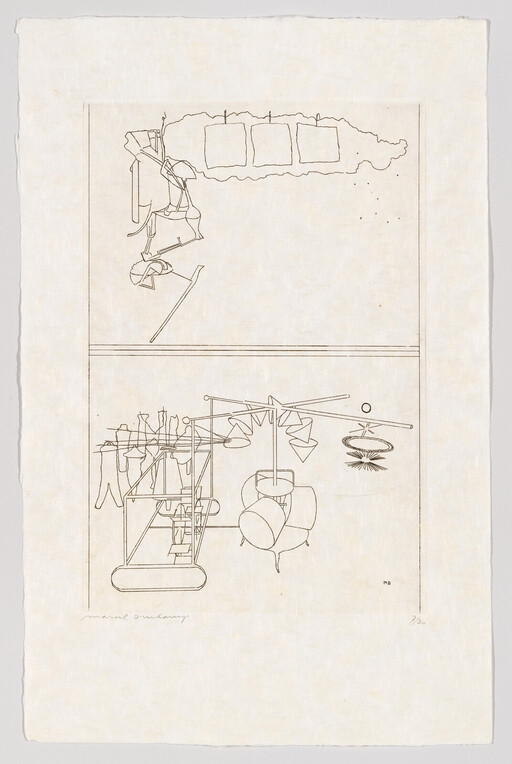 Delicate pen-and-ink drawing showing hanging mechanical devices and abstract forms arranged in two stacked panels.