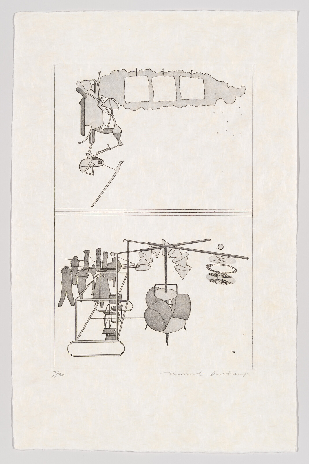 A delicate line drawing of suspended mechanical shapes and hanging garments connected by thin rods.