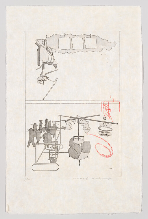 Mechanical mobile and hanging garments depicted with pulleys, drums, and a red dotted motion path.