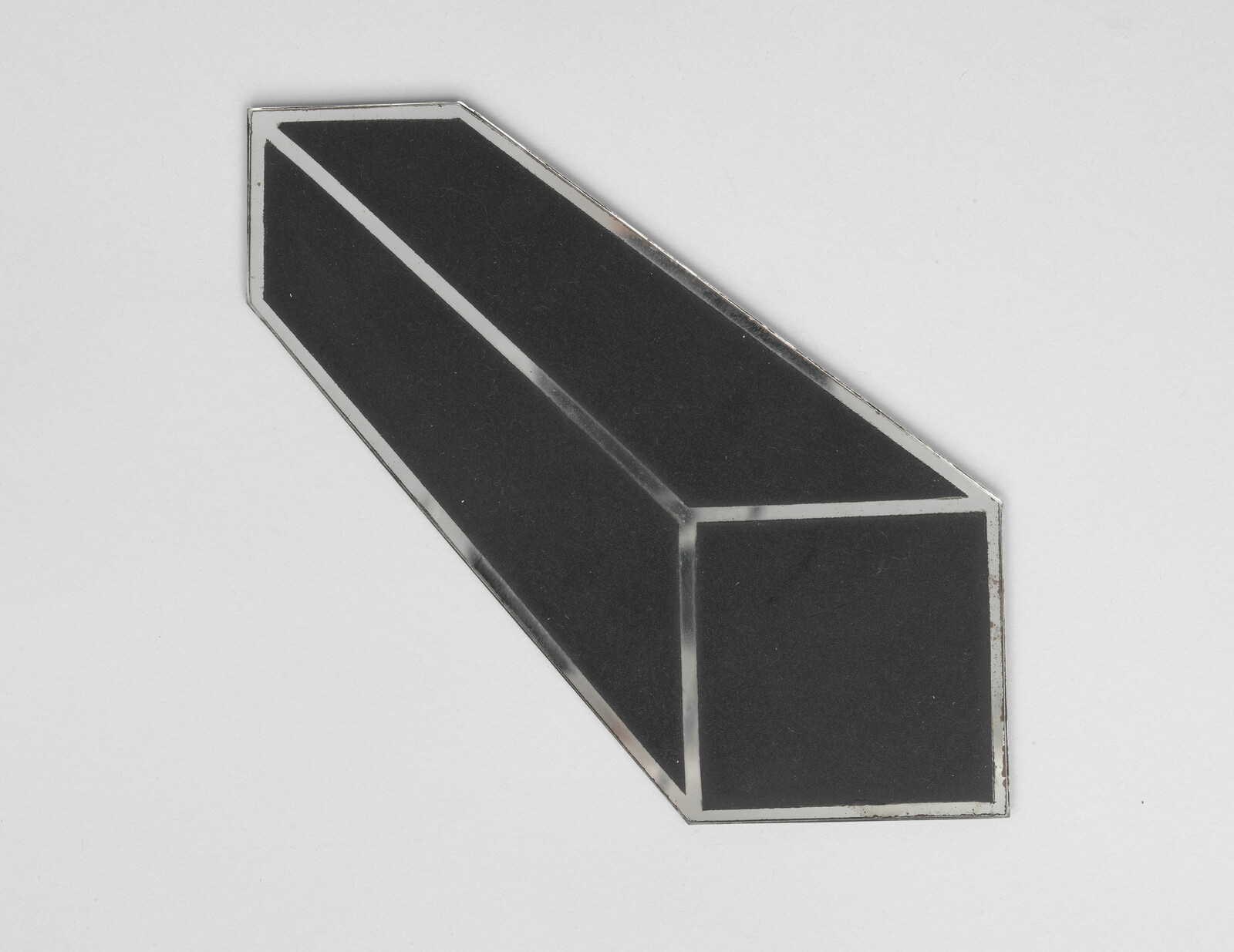 A black three-dimensional rectangular prism shape with white outline placed on a plain white background.