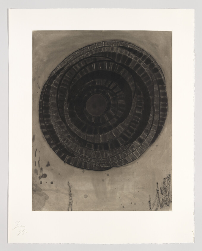 Large dark concentric circular spiral with textured segments centered on a light paper background.