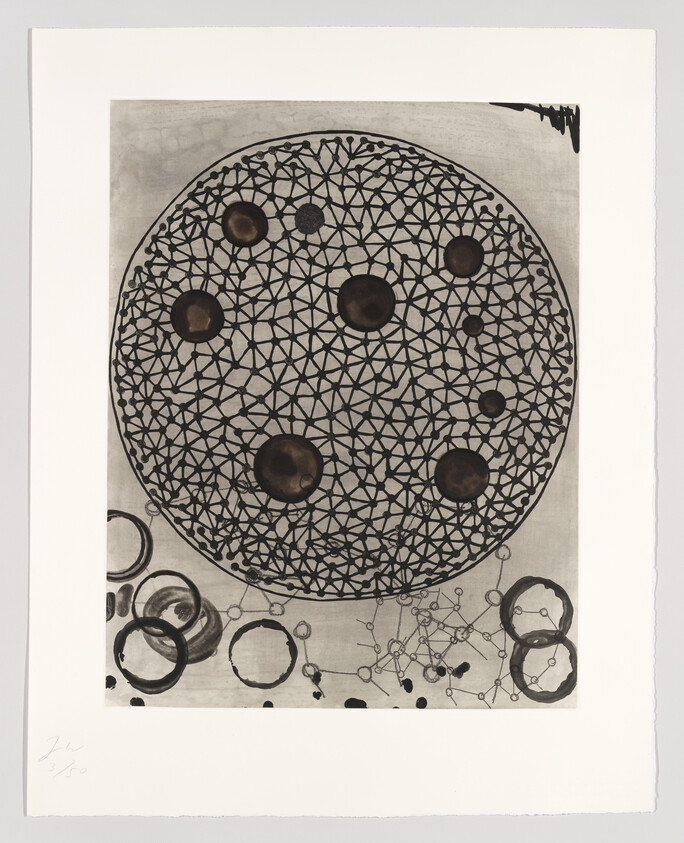 A monochromatic abstract artwork featuring a large central circle filled with a complex geometric pattern of interconnected lines and smaller circles. The background has lighter, overlapping circles and molecular-like structures, all rendered in shades of gray. The piece is signed and numbered in the lower left corner.